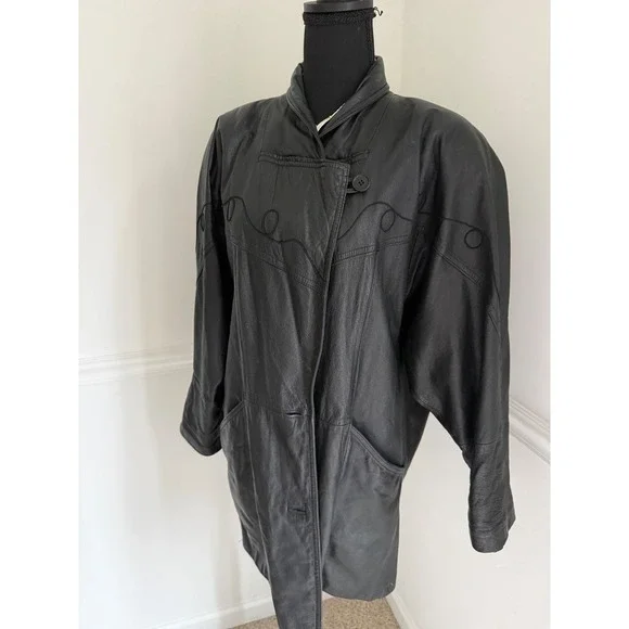 Vintage 90s Pelle Leather Jacket Mob Wife Aesthetic Black Soutache BlazerSz M